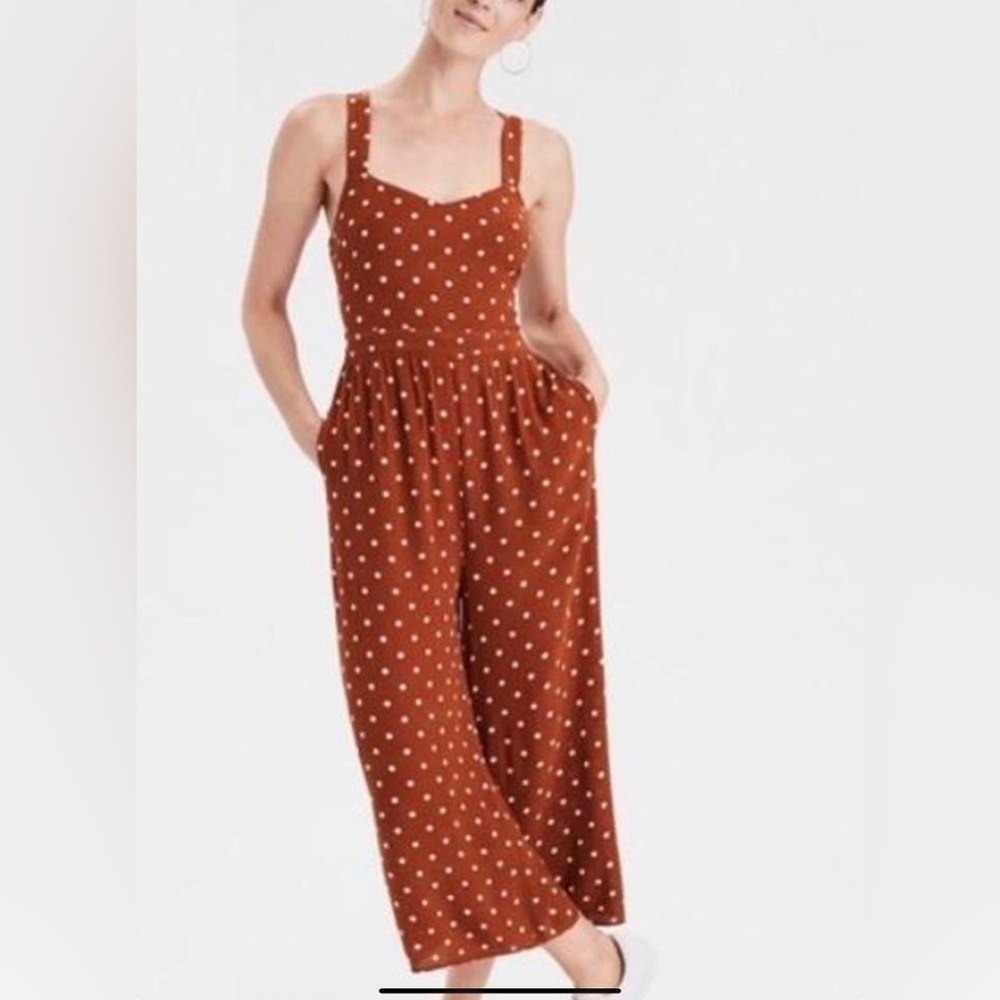 American Eagle Brown and White Polka Dot Jumpsuit with Wide-Leg Design